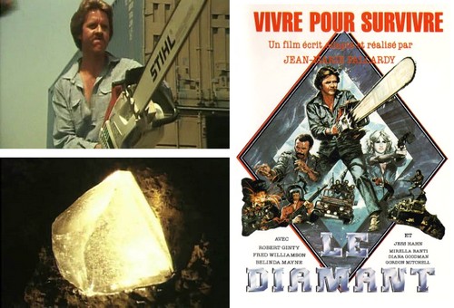 Image is a three part collage. Ont the left are two square images, one atop the other - on top an image of actor Robert Ginty holding a chainsaw menacingly, below is a picture of the titular White Fire diamond glowing yellowy white in the dark of a mine. On the right o the collage is a portrait length image, as tall as the two images two its left combined, and is a reproduction of video cover art for the film. Top of the image in red reads: Vivre Pour Survivre, and at the bottom in text intended to emulate the appearance of a diamond, reads 'Le Diamant'. Between these two instances of french text is an artists rendering of Robert Ginty holding the aforementioned chainsaw framed by a diamond shape, and to his left Fred Williamson embroiled in a fistfight. On the right is actress Belinda Mayne firing a gun toward and to the right of the viewer's perspective. Below all three actors are instances of vehicular action. 